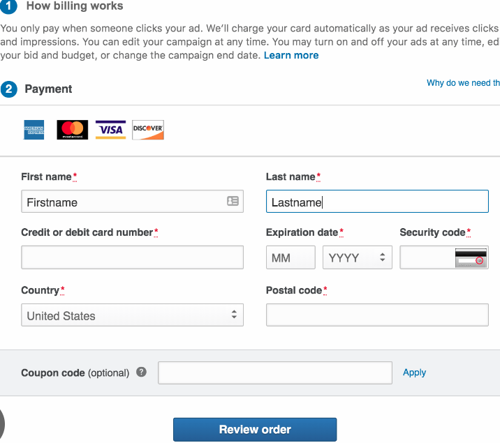 Payment details in LinkedIn ads